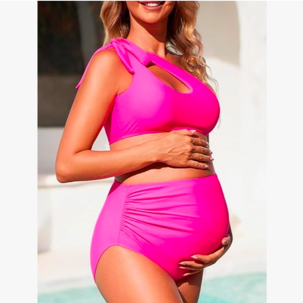 NWT SUMMER MAE HOT PINK 2PC Maternity CutOut One Shoulder Swimsuit Set SZ: S